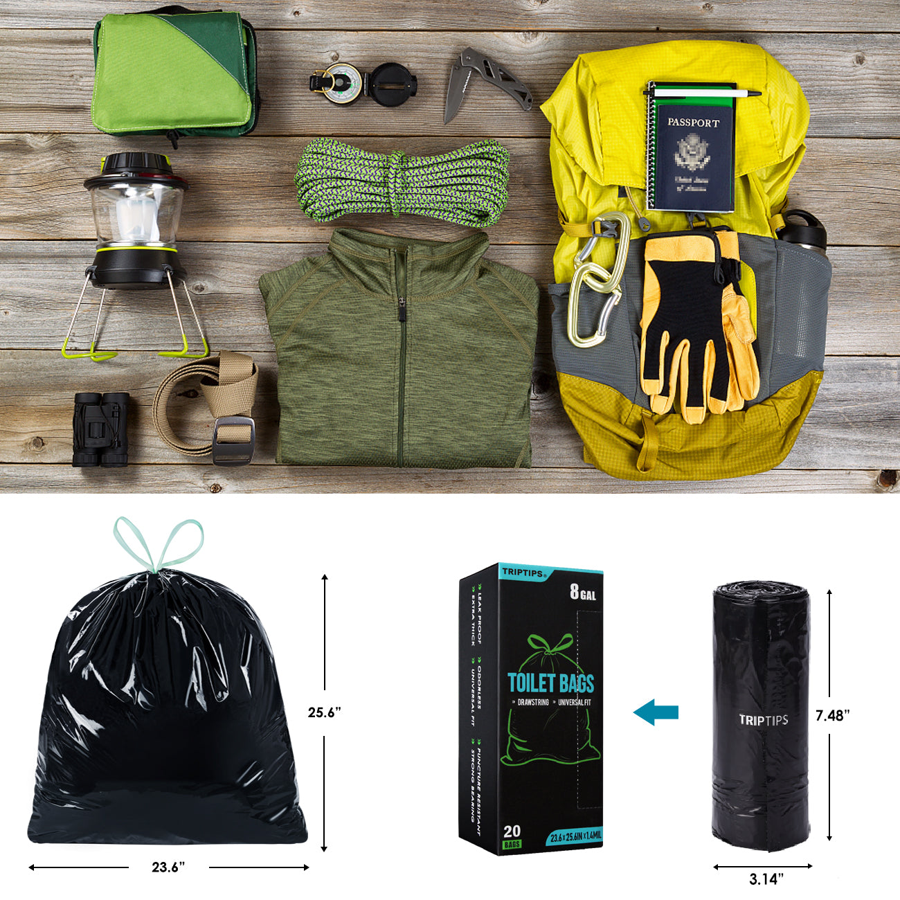 TRIPTIPS Portable Toilet Bags 20 Count Drawstring 8 Gallon Camping Toilet Bags Leak-Proof Toilet Liners for Camping, Hiking, Traveling