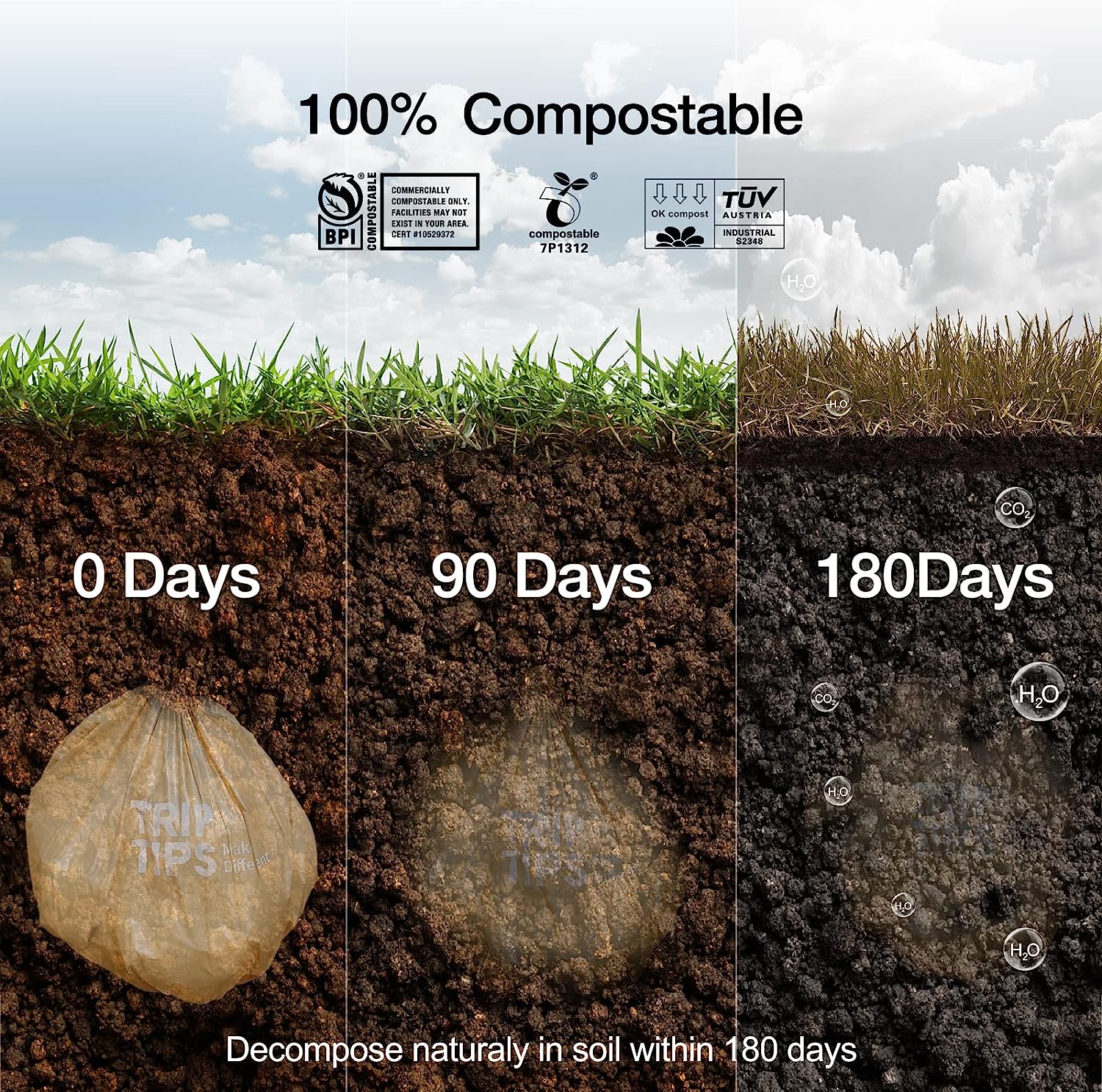 TRIPTIPS Outdoor 8 gallon Compostable Trash Bags 40 Count Biodegradable Garbage Bags 100% Compostable Bags for 5 Gallon Bucket