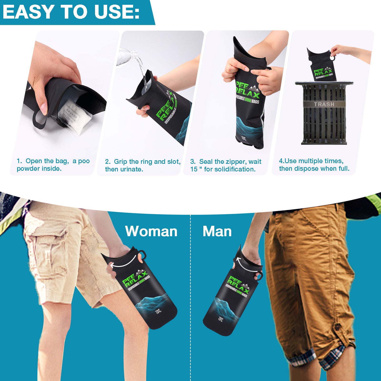 TRIPTIPS 1000cc Pee Bags for Travel for Women Men Kids, 24 Pcs Disposable Urine Bags for Travel, Emergency Car Urine Bag Leak-Proof, Disposable Urinals for Men Portable Urine Bag