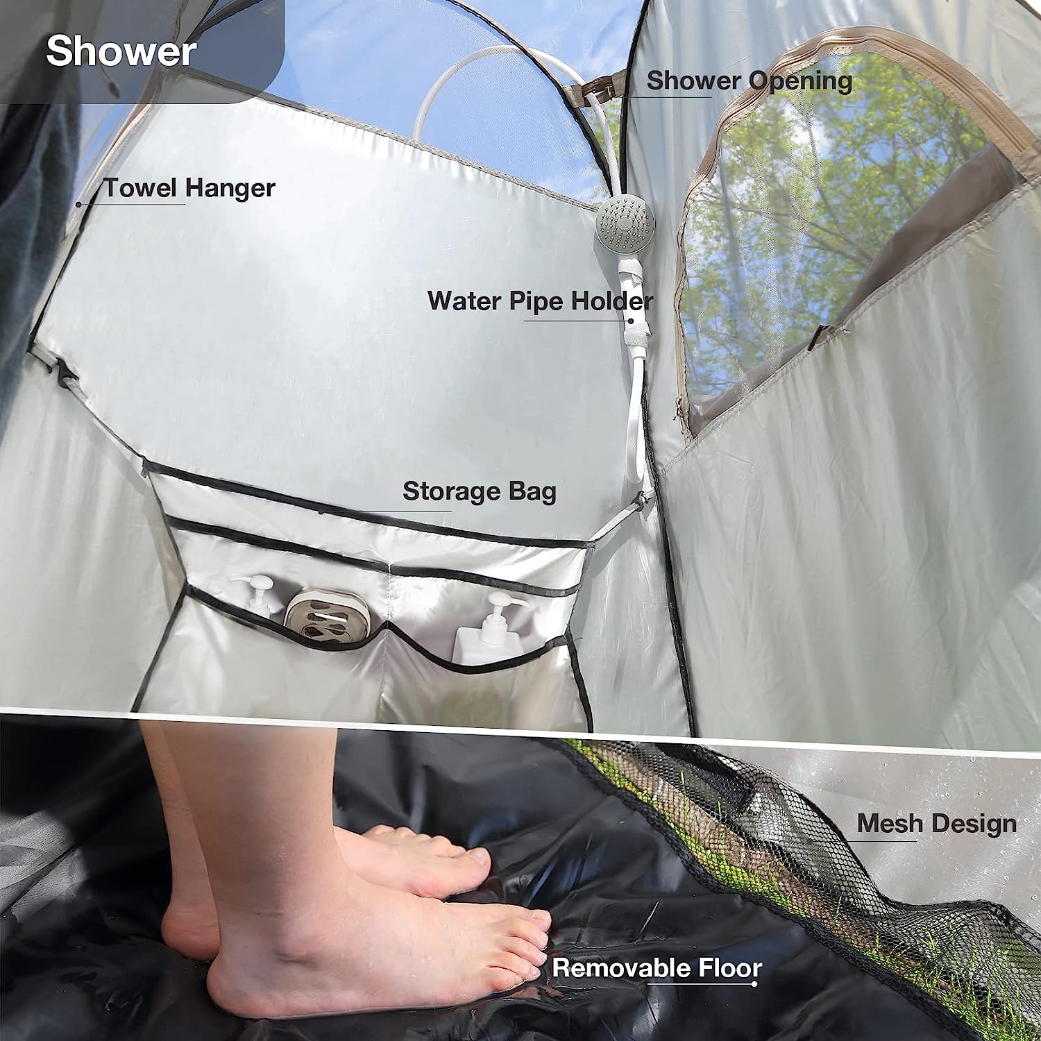 TRIPTIPS Pop Up Shower Tent with Floor Changing Tent with Mesh Window 6.9 FT Privacy Tent for Portable Toilet Outdoor Portable Dressing Room, Removable Rain Cover/UPF 50+ (Black)
