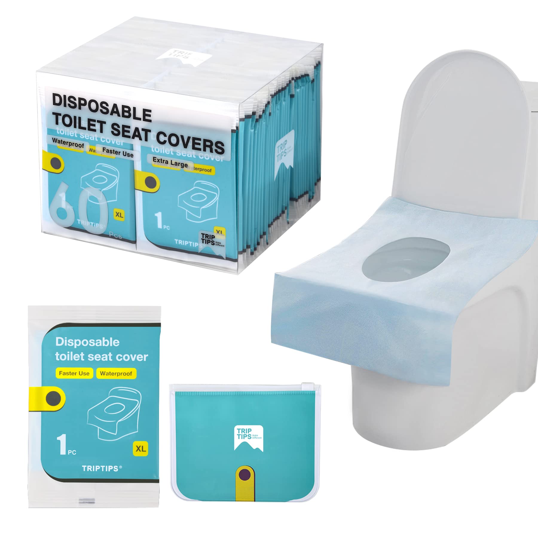 TRIPTIPS Toilet Seat Covers Disposable Travel Pack 60 count｜Faster use-Sticker free｜Waterproof｜XL Disposable Toilet Seat Cover